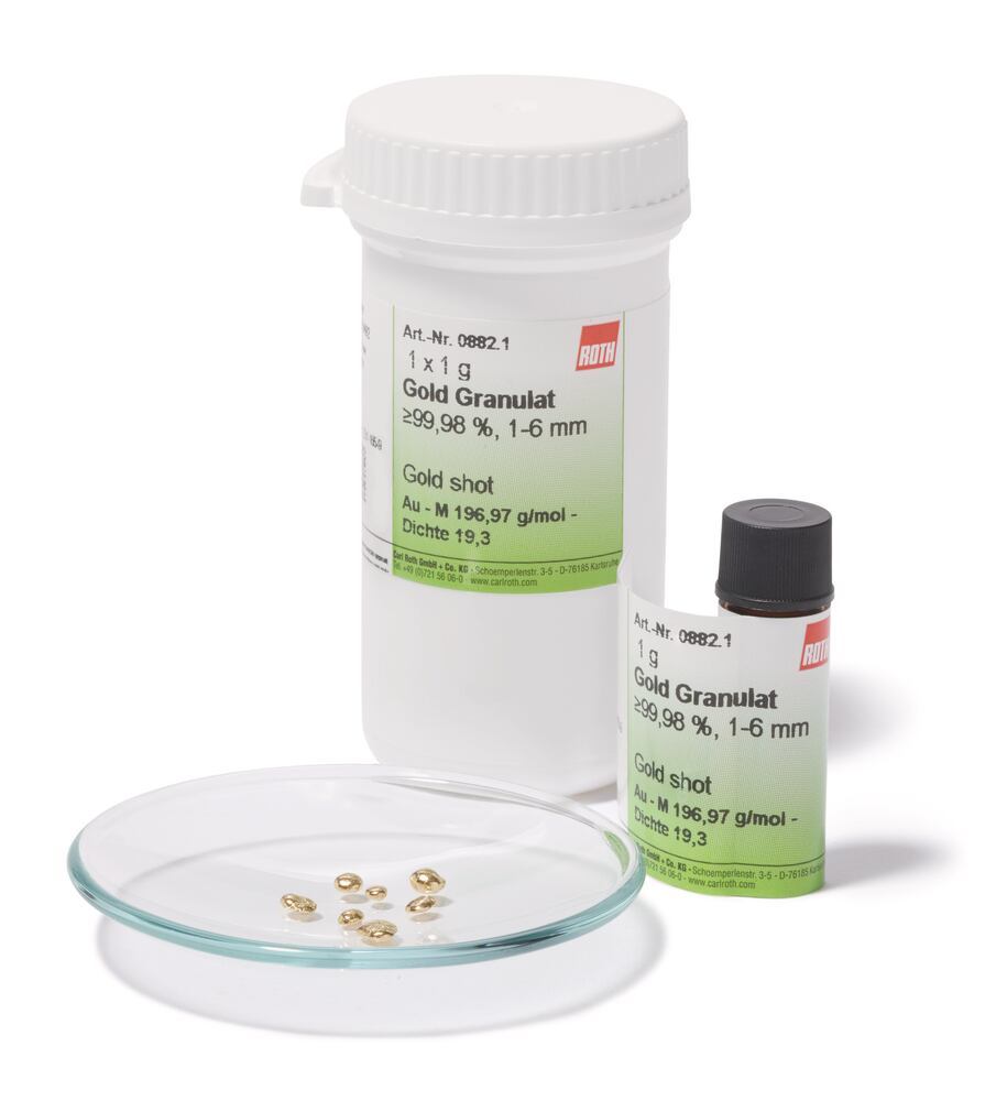 Gold shot, min. 99,95 %, 1-6 mm, 5 g, glass