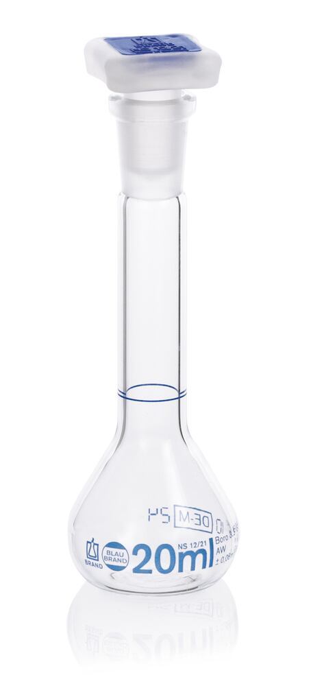Vol. flask Blaubrand, cl.A, PP stop, Borosil gl. 3.3, 20 ml, grnd.joint 12/21