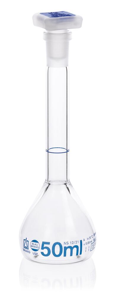 Vol. flask Blaubrand, cl.A, PP stop, Borosil gl. 3.3, 50 ml, grnd.joint 12/21