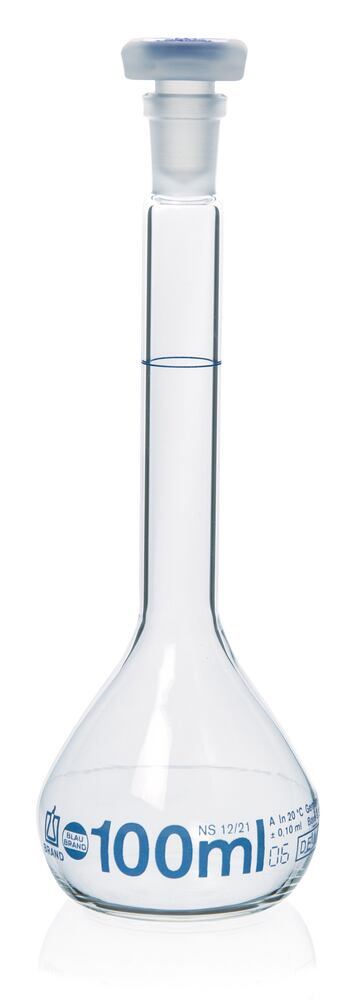 Vol. flask Blaubrand, cl.A, PP stop, Borosil gl.3.3, 100 ml, grnd.joint 12/21