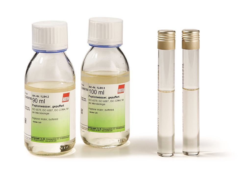 Peptone Water, buffered, ISO 6579, ISO 6887, ISO 22964, 180 ml, glass