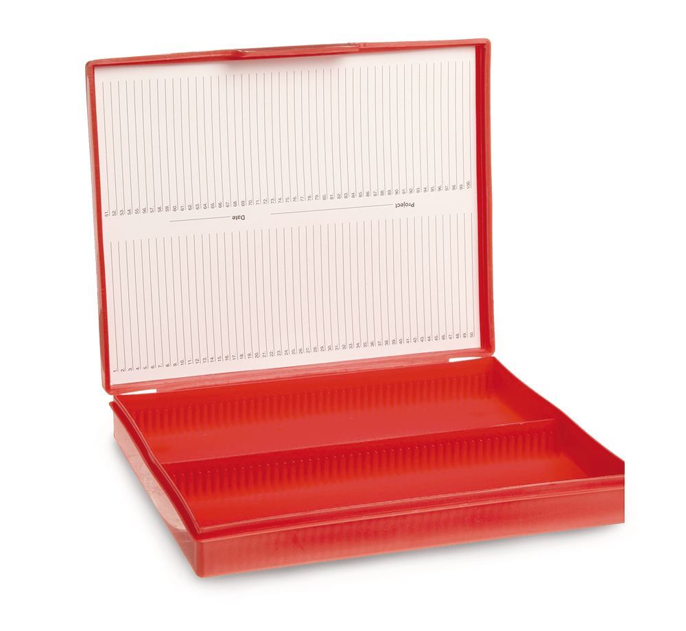 Microscope slide box, 100 slots, red, 1 unit(s)