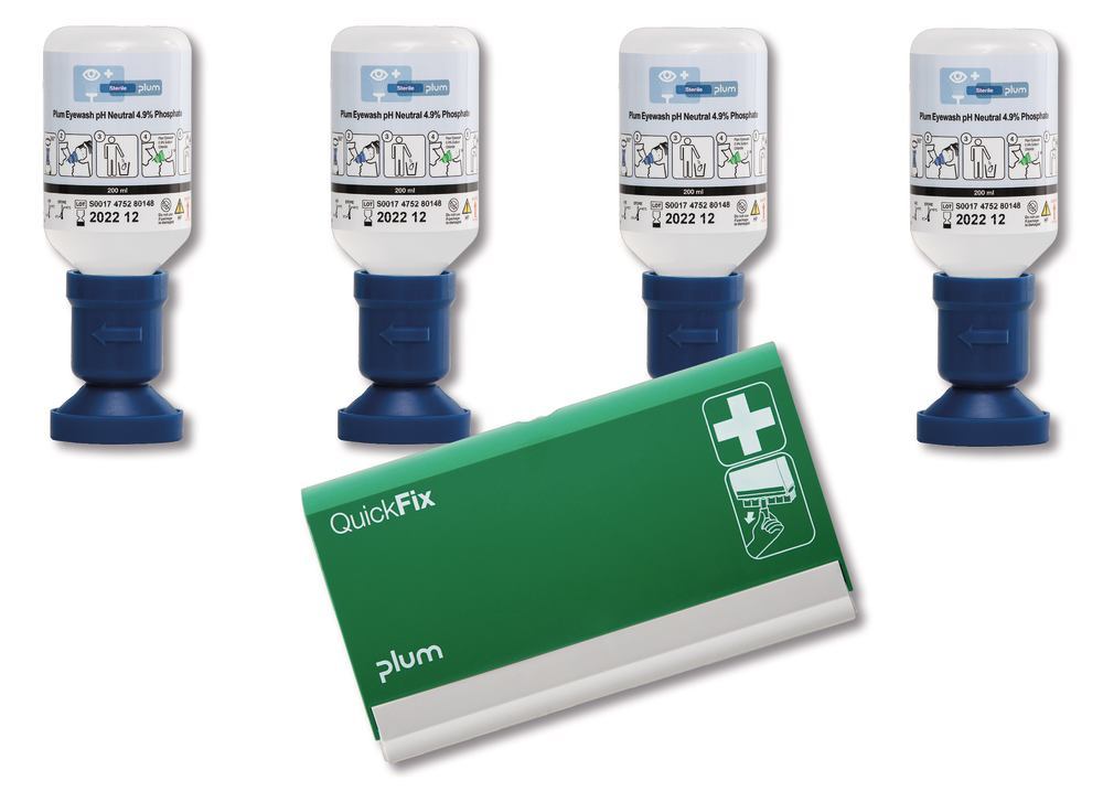 4 disposable eyewash bottles, pH Neutral, 200 ml, 1 QuickFix dispen., empty