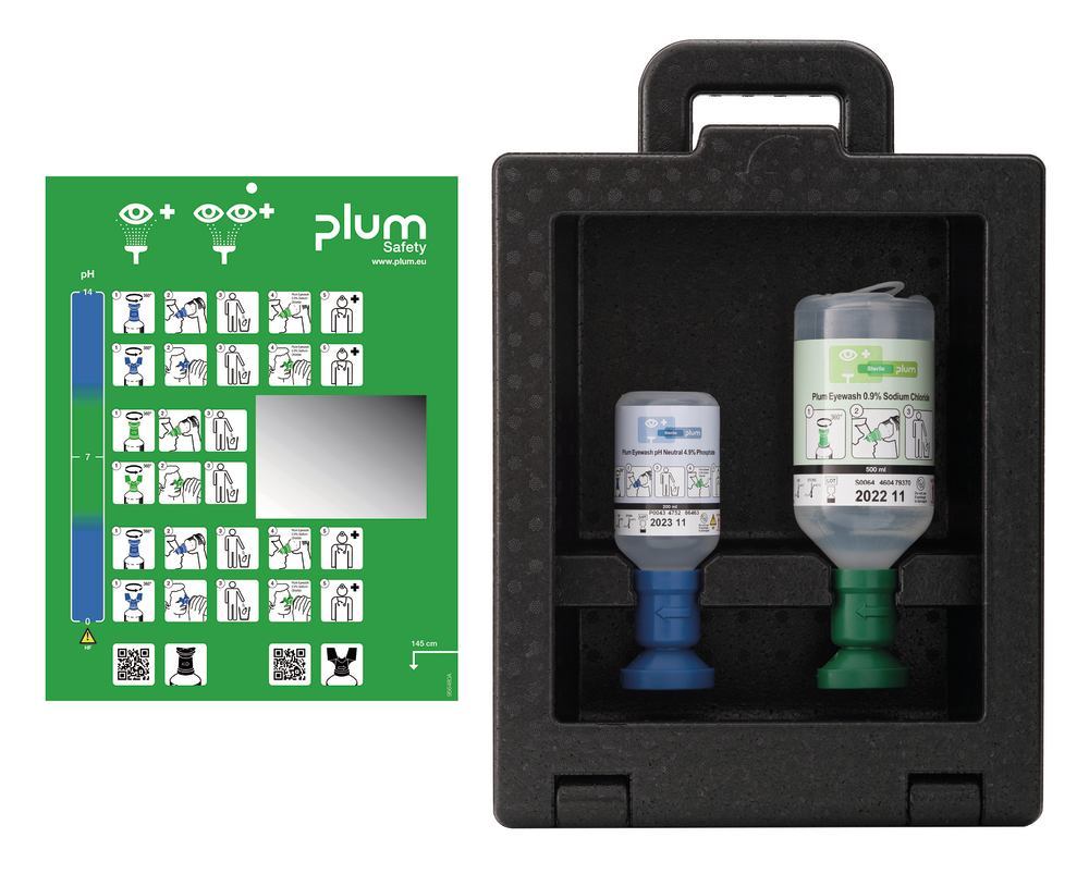 Eye wash station Plum iBox 2 with 1 x eye wash solution 500 ml and 1 x pH...