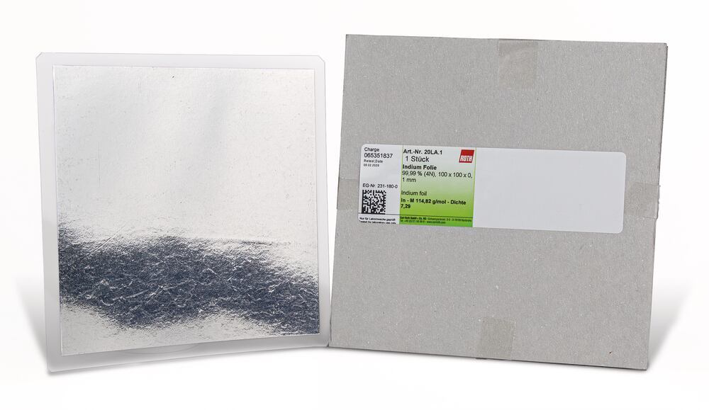 Indium, 99,99 % (4N), foil, 100x100x0,1 mm, 5 unit(s), plastic