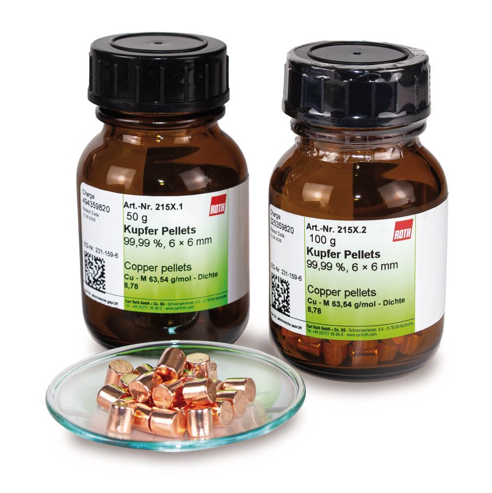Copper pellets, 99,99 %, 6x6 mm, 500 g, plastic