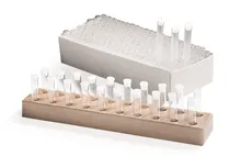 Suport pentru flacoane de probă, lemn de esență tare, L 257 x W 47 x H 24 mm, Ø orificiu 11 mm