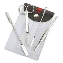 Instrumente de chimist, 4 instrumente, oțel inoxidabil, în carcasă 150 x 90 mm