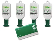 4 flacoane de unică folosință pentru spălarea ochilor, NaCl 0,9 %, 500 ml, 1 dozator QuickFix, gol