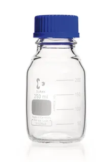 Flacon cu filet DURAN® din sticlă transparentă cu inel de turnare și capac PP, 250 ml