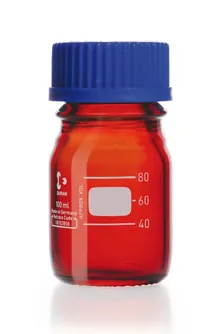 Flacoane cu filet, DURAN®, ambră, cu inel de turnare și capac, PP, 100ml