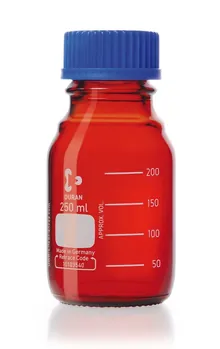 Flacon cu filet, DURAN®, ambră, cu inel de turnare și capac, PP, 250ml