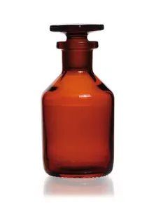 Sticlă de depozitare cu gât îngust, dop de sticlă, sticlă sodă-calcar, chihlimbariu, 250 ml