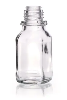 Sticle pătrate cu gât îngust, 100 ml, sticlă transparentă, filet 32, formă înaltă