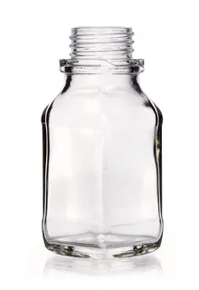Flacoane pătrate cu gât larg, 100 ml, sticlă clară, filet 32, formă scurtă