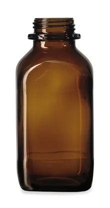 Flacoane pătrate cu gât larg, 250 ml, sticlă maro, filet 45, formă scurtă