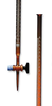 Biurete, clasa B, robinet drept din sticlă, sticlă brună DURAN®,, gradație albă, 10 ml
