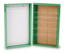 Cutie lame microsc. Rotilabo®, PS, verde, L 141 x l 88 x H 35 mm, 25 sloturi