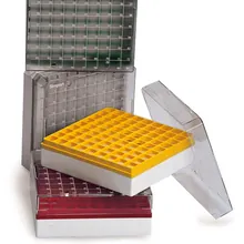 Rotilabo® cutie crio, PC, roșu, pt. 3-5 ml, L 133 x W 133 x H 95 mm, 81 orificii