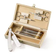 Set de disecție pentru microscopie, mare, în cutie de lemn, L 195 x l 95 x H 35 mm