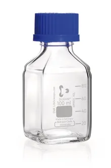 Sticle pătrate, DURAN®, transparente, cu inel de turnare și capac, PP, 100ml
