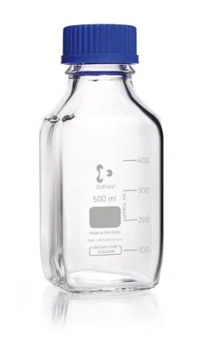 Sticle pătrate, DURAN®, transparente, cu inel de turnare și capac, PP, 500ml