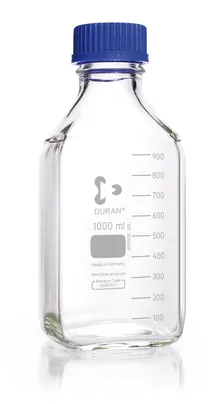 Sticle pătrate, DURAN®, transparente, cu inel de turnare și capac, PP, 1000ml
