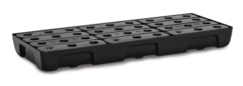Shelf collecting tray for small drums, PE, 100x40 cm, reten capac 21 l w. grate