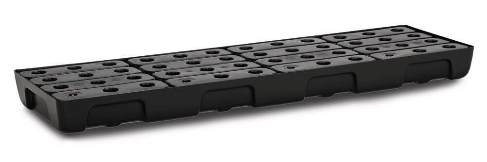 Shelf collecting tray for small drums, PE, 130x40 cm, reten capac 28 l w. grate