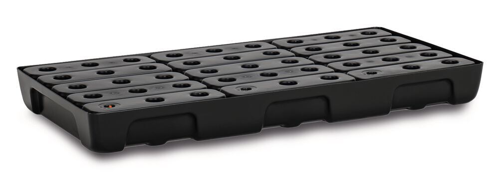Shelf collecting tray for small drums, PE, 100x50 cm, reten capac 27 l w. grate