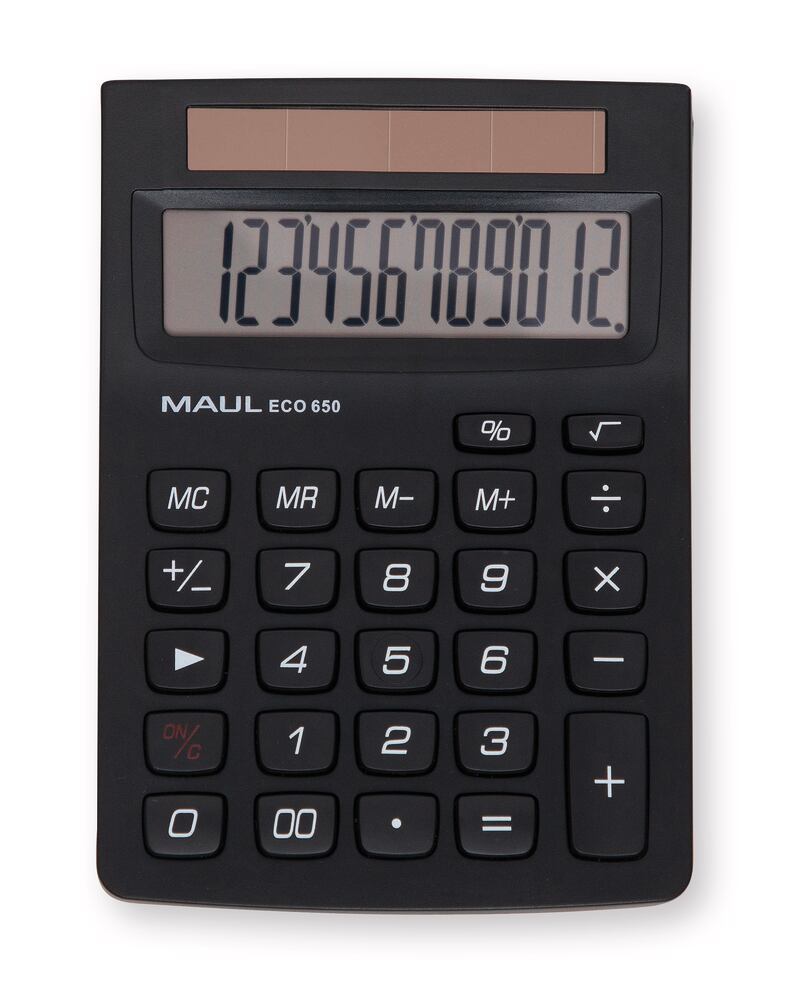 ECO 650 solar-powered pocket calculator, L 145 x W 104 x H 33 mm, 97 g, 12-digit