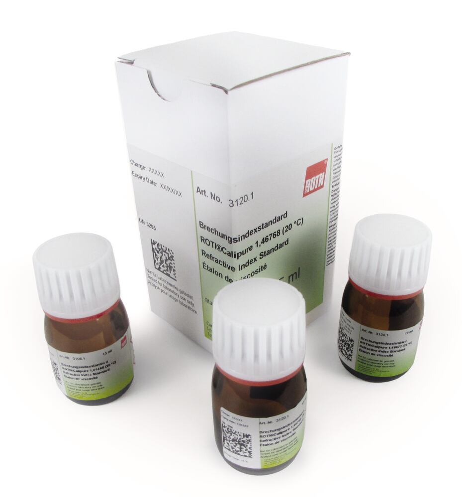 Refractive index standard, ROTI®Calipure, 1,46768 (20 °C), 15 ml, glass
