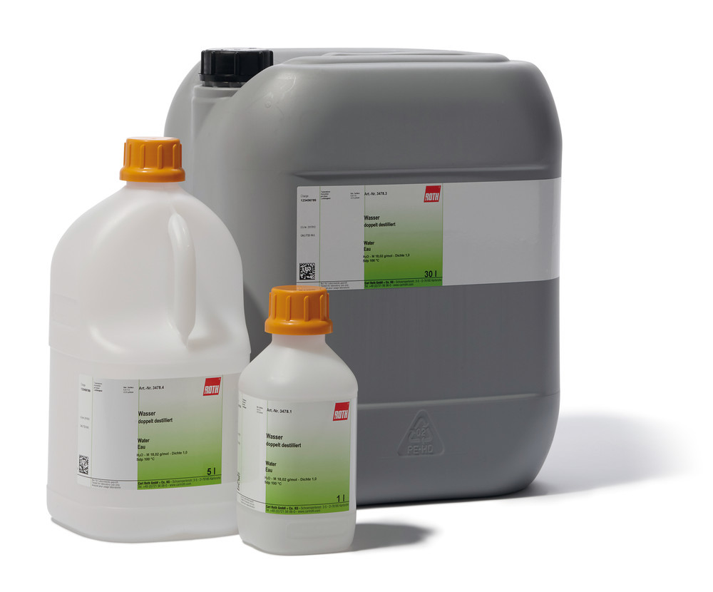 Water, redistilled, 30 l, plastic