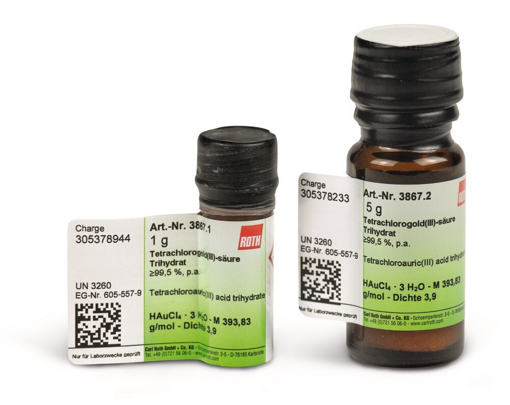 Tetrachloroauric(III) acid trihydrate, min. 99,0 %, p.a., 5 g, glass