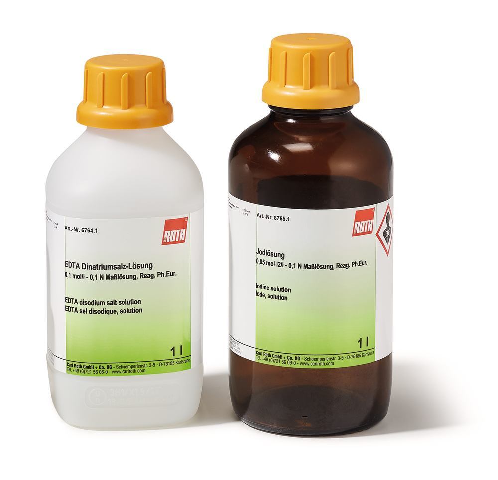 Iodine solution, 0.05 mol/l - 0.1 N, volumetric stand. sol., Reag. Ph.Eur., 1 l