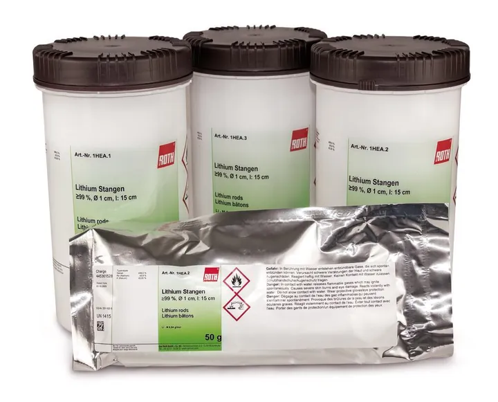 Bare de litiu, min. 99 %, diametru, 1 cm, l, 15 cm, 100 g, aluminiu — Carl Roth, cod 1HEA.1