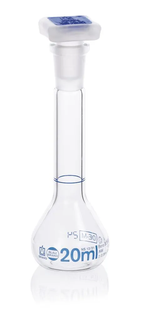 Balon cotat Blaubrand, cl.A, dop PP, sticlă Borosil 3.3, 20 ml, șlefuire 12/21 — Carl Roth, cod 1KX9.1
