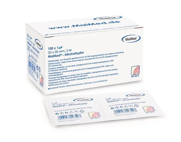Șervețel cu alcool MaiMed, 30x30 mm, pliat, nețesut, nesteril, 100 bucăți — Carl Roth, cod 1P56.1