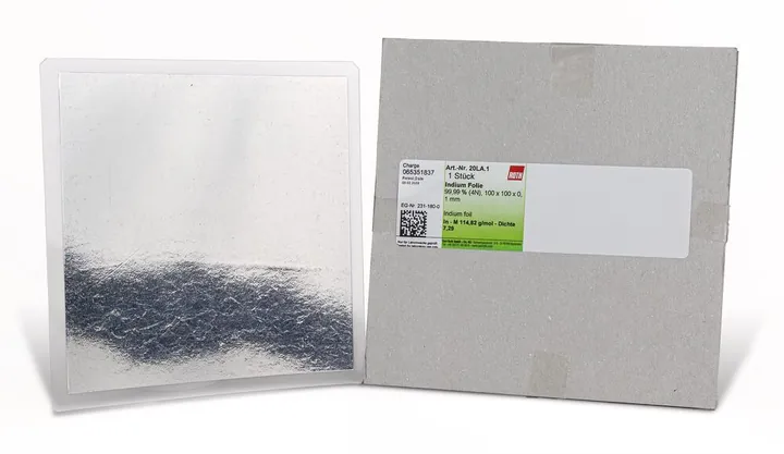 Indiu, 99,99 % (4N), folie, 100x100x0,1 mm, 5 buc., plastic — Carl Roth, cod 20LA.2