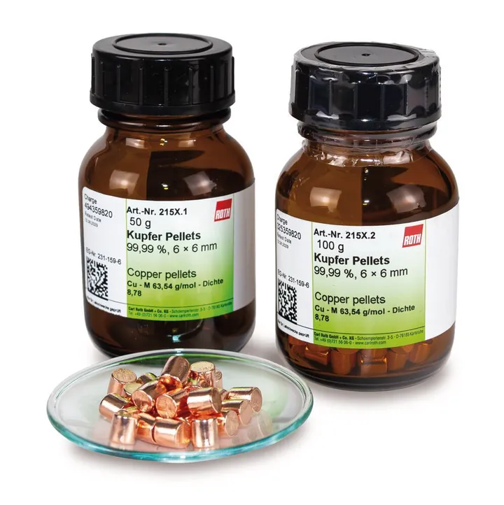 Granule de cupru, 99,99 %, 6x6 mm, 500 g, plastic — Carl Roth, cod 215X.3