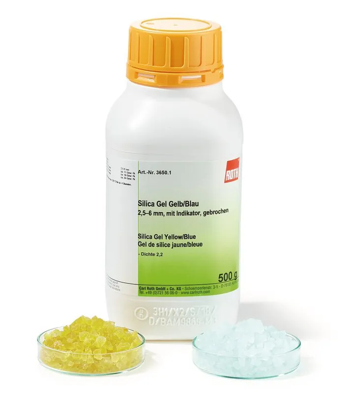 Silicagel galben/albastru, 2.5-6 mm, cu indicator de culoare, fracturat, 1 kg — Carl Roth, cod 3650.2