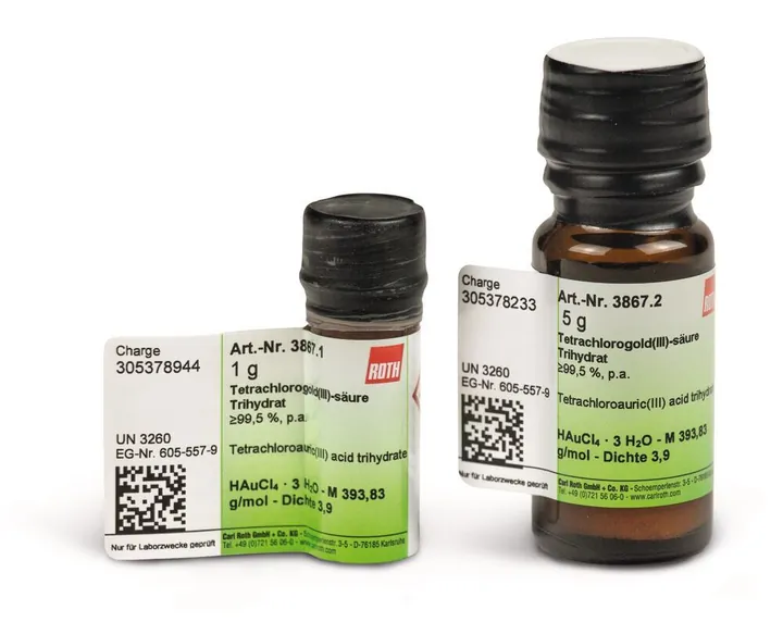 Acid tetracloroauric(III) trihidrat, min. 99,0 %, p.a., 5 g, sticlă — Carl Roth, cod 3867.2