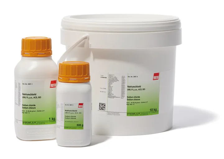 Clorură de sodiu, min. 99,5 %, p.a., ACS, ISO, 500 g, plastic — Carl Roth, cod 3957.3