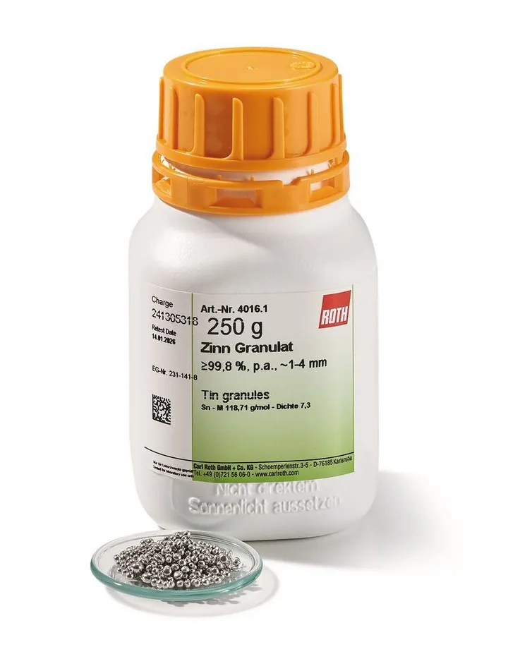 Granule de staniu, min. 99,8 %, p.a., 1-4 mm, 250 g, plastic — Carl Roth, cod 4016.1