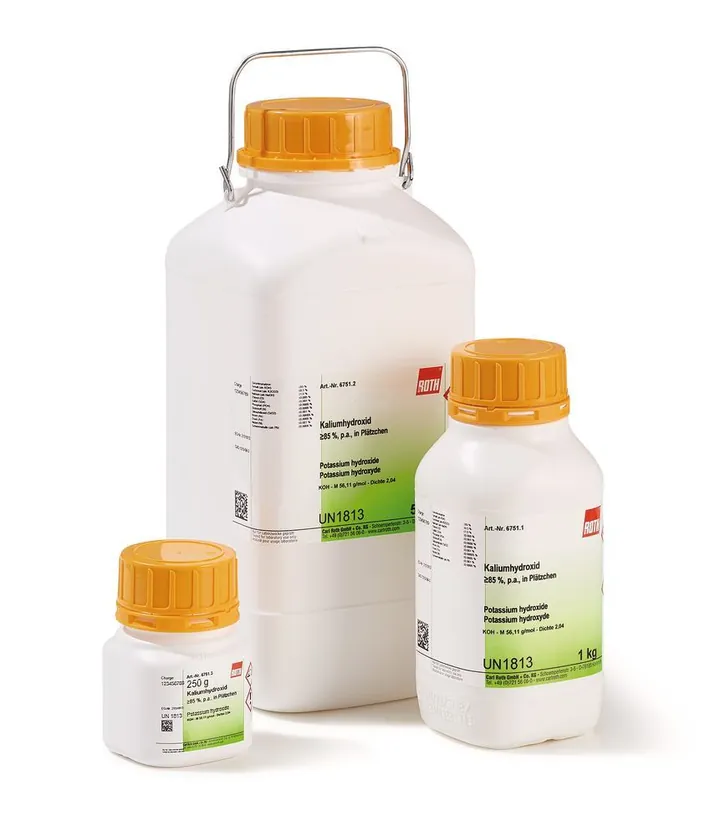 Hidroxid de potasiu, min. 85 %, p.a., pelete, 250 g, plastic — Carl Roth, cod 6751.3