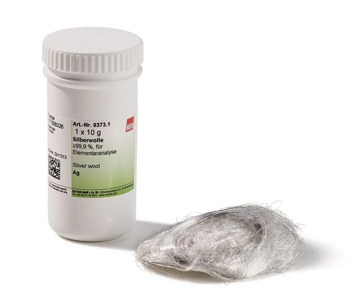 Lână de argint, min. 99.9 %, pentru analiză elementară, 10 g, plastic — Carl Roth, cod 9373.1