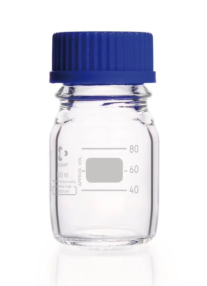 Flacon cu filet DURAN® din sticlă transparentă cu inel de turnare și capac PP, 100 ml — Carl Roth, cod A358.1