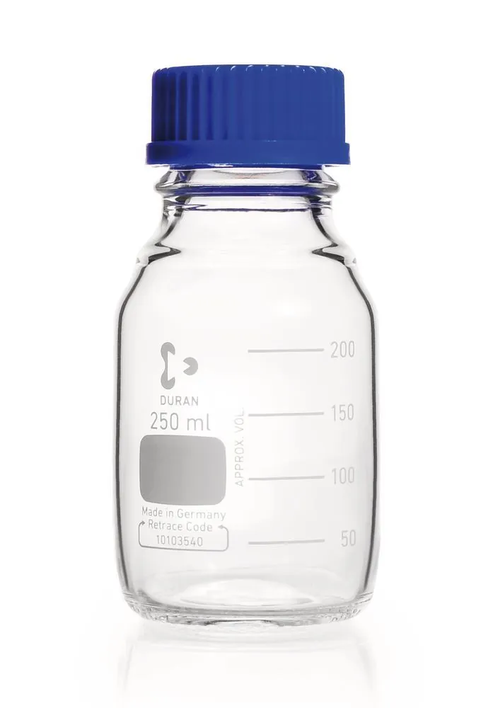 Flacon cu filet DURAN® din sticlă transparentă cu inel de turnare și capac PP, 250 ml — Carl Roth, cod A359.1