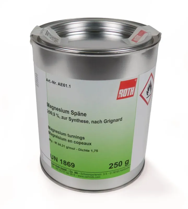 Pilitură de magneziu, min. 99,9 %, conform Grignard, pentru sinteză, 250 g, cutie de tablă — Carl Roth, cod AE61.1