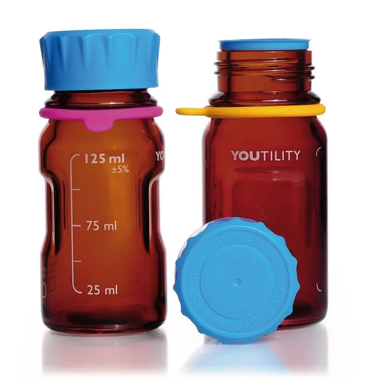 Sticle de laborator DURAN® YOUTILITY, sticlă brună, 125 ml, GL 45, 4 buc. — Carl Roth, cod CCT9.1